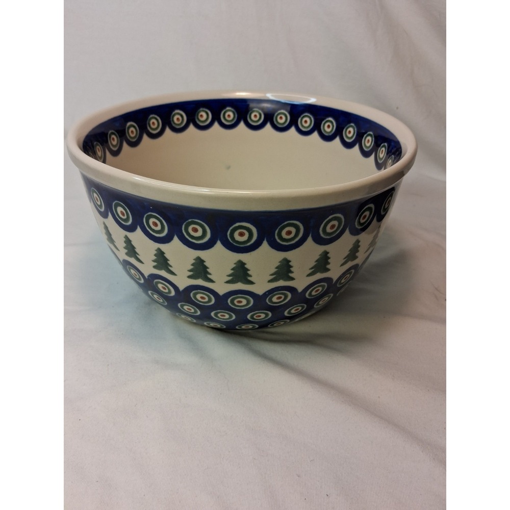 BOLESLAWIEC 8"(W) X 4.25" (H) BOWL HAND PAINTED & HANDMADE PEACOCK PATRN & TREES